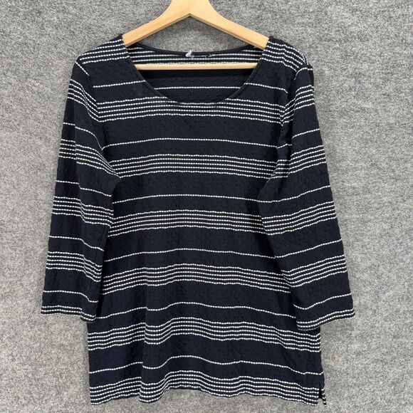 Unbranded Tops - Unbranded T-Shirt Women M Medium Black Striped 3/4 Sleeve Cotton Round Neck